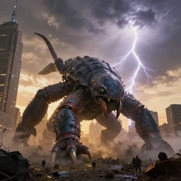 colossal tardigrade attack new york, dramatic ambient lightning, golden hour, cinematic, action shot