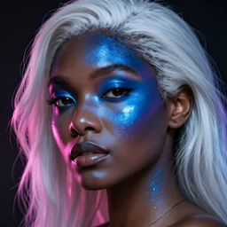 hyperrealistic intricate close-up of beautiful black woman with white hair and pearlescent blue skin hannah yata machiej kuciara dramatic neon lighting on one side
