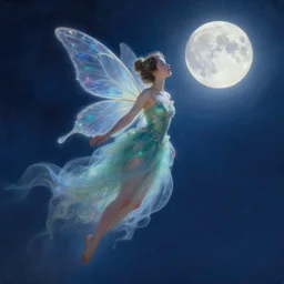 attractive fairy magically floating high in the night, fantasy, full moon in background. highly detailed painting by artgerm, mid shot, 8 k