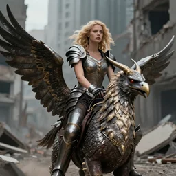 a beautiful blond woman riding an armored griphon in a destroyed city, 8 k, moody lighting, shallow depth of field,