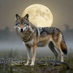 photoshop of a wolf with a crocodile tail and head, photorealistic, yellowish moon overlooking misty swamp, crocodile/wolf mix, reptile wolf