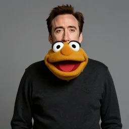 A still of Nicolas Cage as a muppet, 4k, 35mm, ultra realistic, studio lighting