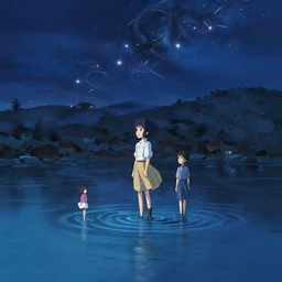Stars floating out of a river by Makoto Shinkai, Greg Rutkowski, and Krenzcushart