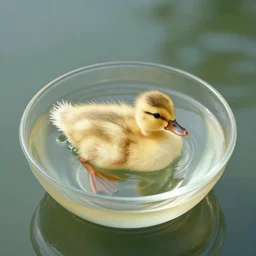 cute duckling swimming in a small bowl of clear water, photography, minimalistic, 8 k
