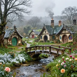 spring at medieval hobbit village, ornate, beautiful, atmosphere, vibe, mist, smoke, fire, chimney, rain, wet, pristine, puddles, melting, dripping, snow, creek, lush, ice, bridge, green, stained glass, forest, roses, flowers, color page, 4 k, contest winner