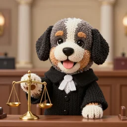 a closeup photorealistic illustration of a smiling knitted bernedoodle judge puppy dressed in a black gown and presiding over the courthouse. scales of justice. this 4 k hd image is trending on artstation, featured on behance, well - rendered, extra crisp, features intricate detail, epic composition and the style of unreal engine.