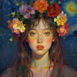 portrait of a beautiful girl, flowers in hair, intimate, vibrant colors, beautiful face, rule of thirds, spotlight, expressive, passionate, by greg rutkowski, by jeremy mann, by francoise nielly, by vincent van gogh, digital painting