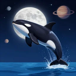 Shamu the orca killer whale jumping over the moon. space, stars, planets. SeaWorld, ccean life, marine life. Trending on artstation