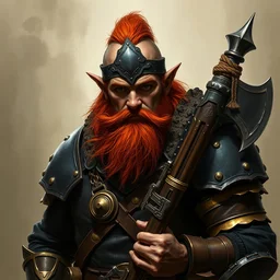 a red head dwarf warrior, black and bronze armor, axe and flint carbine, portrait by daniel docciu and dave dorman and artgerm