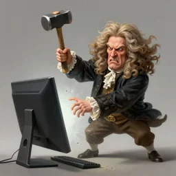 angry isaac newton crashing a computer monitor with a hammer, highly detailed, digital painting, artstation, concept art, matte, sharp focus, highly detailed, 4 k, hdr, smooth, sharp focus, high resolution, award - winning photo, photorealistic, art by artgerm and greg rutkowski and alphonse mucha, large shot
