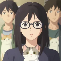 a centered anime portrait of one lady wearing eyeglasses with one cat by wlop, loish, ilya kuvshinov, makoto shinkai, and artgerm, elegant, vivid colors, hyperdetailed artistic lines, intricate, in the style of borderlands, artstation, 8 k, coherent, realistic