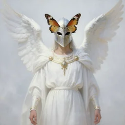 portrait of a divine helmet winged knight dressed in white robes and helmet, mask, butterfly wings, runes, jewelry, mystical, ethereal, magical white fog, painting by greg rutkowski and alphonse mucha