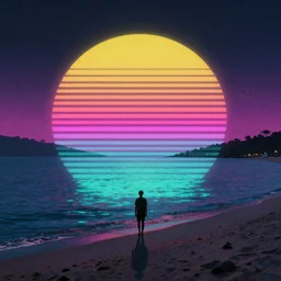 synthwave, retrowave, beach, bay, evening, ambient, perfection