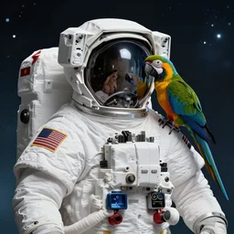 extremely realistic digital of an astronaut with a parrot on his shoulder