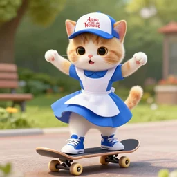 cute and funny, a cat standing on its back legs, wearing high top sneakers and a baseball cap, riding a skateboard, a still photo from'alice in wonderland ( 2 0 1 0 ), trending at artstation, award winning