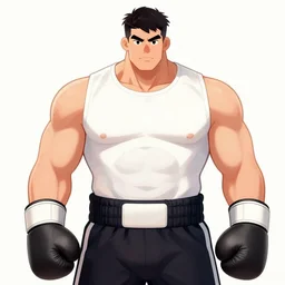 animation illustration of boxer with large chest and muscles in boxer pants, white shirt and boxing gloves, dynamic pose, cartoon network, johny bravo style