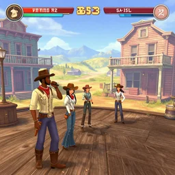 screenshot of gameplay dating simulator game set in 1 8 5 2 3, interior of old west saloon, featuring african american and japanese cowboys and cowgirls in ghost town with buildings painted bright pastel colors, morning light with mountains in the background