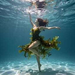 woman dancing underwater wearing a dress made of seaweed that is flowing in the current, lighting with caustics from sunlight, cinematic, photorealistic