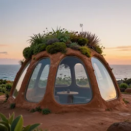 beautiful picture of an earthship made of clay and glass, the roof is overgrown with moss and plants, in the background is the sea during sunset
