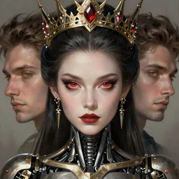 concept art by artgerm, super attractive i robot demon queen with crown and red eyes, art by by gaston bussiere and greg rutkowski, soft natural light, intricate, elegant close - up portrait, highly detailed, digital painting, artstation, concept art, smooth, sharp focus, illustration, symmetry!!