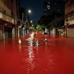 a street in sao paulo flooded with red colored water, at night, 4 k, rtx, volume light, concept, studio matte painting, artstation, artur tarnowski, mihai muscan, marcin tomalak, marta leydy, marcin stepien, charlotte hughes