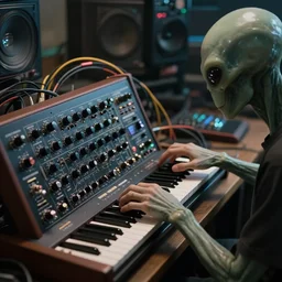 Alien Humanoid Music Producer, human using analogy synthesis, Playing Analogue Modular Synthesizers, Cables Everywhere, CGSociety, depth of field, highly detailed, cinematic
