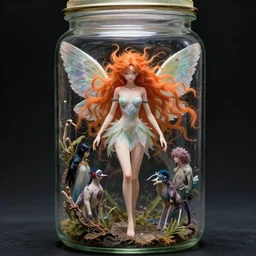 a fairy with beautiful wings and wild orange hair trapped in a jar full body | | fine detail!! anime!! realistic shaded lighting!! by ilya kuvshinov katsuhiro otomo ghost - in - the - shell, magali villeneuve, artgerm, jeremy lipkin and michael garmash and rob rey