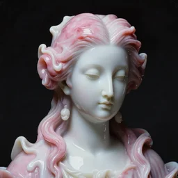 a dark baroque close - up portrait of a pink and white porcelain being made out of white liquid sci - fi vitrified translucent ceramic marble ; china. reflective detailed textures. gloomy black background. highly detailed fantasy science fiction painting by moebius, norman rockwell, frank frazetta, and syd mead. rich colors, high contrast. artstation