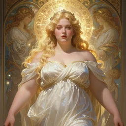 digital character concept art by artgerm and greg rutkowski and alphonse mucha. clear portrait of a modern young wife blessed by god to uncontrollably become overwhelmingly perfect!! blonde, clothed full - figured, obviously feminine holy body!! light effect. hyper detailed, glowing lights!! intricate, elegant, digital painting, artstation, smooth, sharp focus