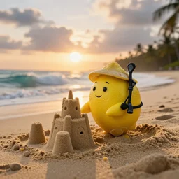 5 0 mm photograph, of a real anthropomorphic lemon character, unique style, with lemon skin texture, it is wearing a hat and scuba diving, building a sandcastle on the beach at sunset, beach, huge waves, sun, clouds, tropical trees, rim light, cinematic photography, professional, sand, sandcastle, volumetric lightening