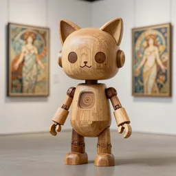 ultra photorealistic, detailed,a wooden sculpture wooden art toys wooden on feet ,very cute robot wooden with cat ears zen méditation cyberpunk concept art wooden ,trending on cgsociety, a contemporary art gallery art  néo paris by Alphonse Mucha