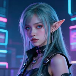 portrait of an elf in a cyberpunk style, neon lights, digital art, highly-detailed artstation cgsociety masterpiece