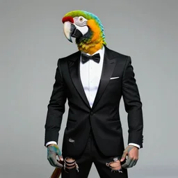 anthropomorphic fashion vogue Macaw parrot man man wearing a parrot costume wearing a tuxedo ripped physique christopher lovell gerald brom bastien grivet greg rutkowski portrait