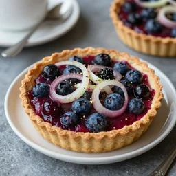 buffalo sauce berry tart with onions, food photography