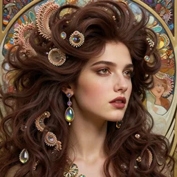 song of the hurricane, detailed beauty close - up portrait, chocolate, opulent swirling hair, iridescent jewellery, organic background, art by wlop, peter morebacher, greg rutkowski, craig mullins, ruan jia, thomas kinkade, victor ngai, ernst haeckel, alphonse mucha, unreal engine, blender, octane, ray tracing. fractal coral, sharp focus