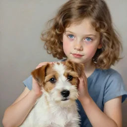 a seven year old girl with short wavy curly light brown hair and blue eyes petting the head of a very cute wire haired jack russell terrier puppy, white with brown patches over both eyes. detailed, high quality painting by artgerm and greg rutkowski and lois van baarle