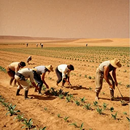 An image in a magazine depicting farmers growing crops on mars in traditional farmers outfits, 1920s speculative futurism, distant shot