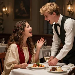 jesus christ in a robe and red scarf, in a restaurant, on a date with a beautiful woman, yelling at a young blonde haired waiter