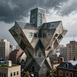 realistic photograph of a paradoxical escheresque cityscape in the rain