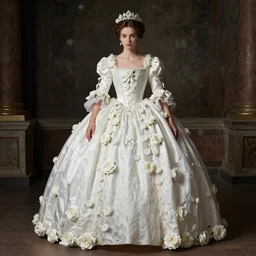 meredit frampton style a wonderful symmetrical queen with a magnificent ornate large soft white long cotton dress made of white roses,reinassance background, dramatic light