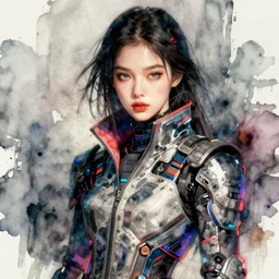 korean women's fashion model, intricate watercolor cyberpunk vaporwave portrait by john singer sargent