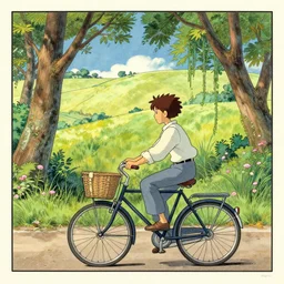 hoffman bicycle trip, blotter art, in the style of robert crumb and lisa frank, studio ghibli, mucha, art nuevo, art deco, beautiful nature, serenity, cartoon