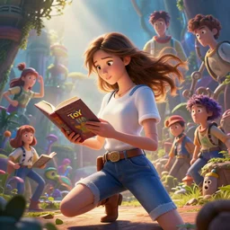 highly detailed portrait of beautiful girl reading a book in toy story 3, dynamic pose, stephen bliss, unreal engine, fantasy art by greg rutkowski, loish, rhads, ferdinand knab, makoto shinkai and lois van baarle, ilya kuvshinov, rossdraws, tom bagshaw, global illumination, radiant light, detailed and intricate environment