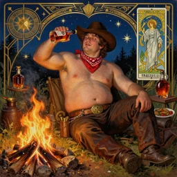 a dramatic, epic, ethereal painting of a handsome extra thicc mischievous shirtless cowboy with a large beer belly wearing a large belt and bandana offering a whiskey bottle | he is relaxing by a campfire | background is a late night with food and jugs of whisky | homoerotic | stars, tarot card, art deco, art nouveau, intricate | by Mark Maggiori (((and Alphonse Mucha))) | trending on artstation