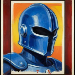 1 9 7 5 retro game poster. indigo knight. stylized helmet expression. character class. drew struzan. keith parkinson. oil on canvas.