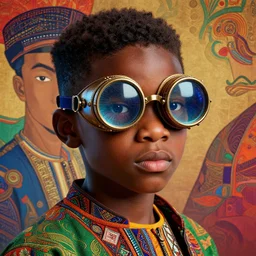 colourful vfx portrait - art of a nigerian boy wearing steam punk goggles, art by utagawa kunisada & james jean, volumetric light, ray tracing, unreal engine, octane 3 d render, sharp, detailed, digital render, illustration, highly detailed, intricate detail, pinterest, behance, art station,