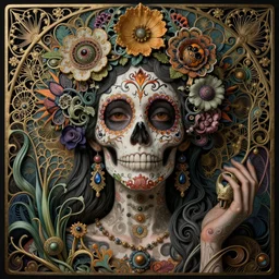 detailed realistic beautiful calaveras goddess portrait by jean delville, gustave dore, iris van herpen and marco mazzoni, art forms of nature by ernst haeckel, art nouveau, symbolist, visionary, gothic, neo - gothic, pre - raphaelite, fractal lace, intricate alien botanicals, biodiversity, surreality, hyperdetailed ultrasharp octane render