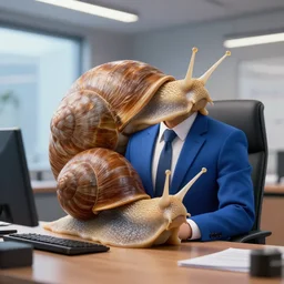 epic professional digital art of a snail in a blue professional business suit, sitting at a desk,, best on artstation, cgsociety, wlop, Behance, pixiv, astonishing, impressive, outstanding, epic, cinematic, stunning, gorgeous, much detail, much wow,, masterpiece.