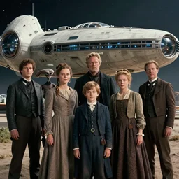 sharp, still from a sci fi blockbuster color movie made in 2022, set in 1860, of a family standing in front of a spaceship that has just landed on an alien planet, a humanoid alien creature stands nearby, the family are all wearing 1850s era clothes, cinematic lighting, cinematic camera, 4k, in focus faces, extremely good quality lighting, good quality photography, A list cast, famous actors, famous actresses, oscar winner