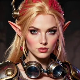 head and shoulders portrait, female artificer, gray eyes, welding goggles around neck, strawberry blonde, elf, d & d, steampunk, by artgerm, facial detail, extremely detailed, comic book cover photo